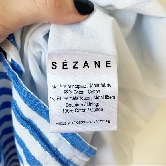 Sezane Felicie Dress in Ecru Blue Silver Tiered Button Down Tassel Tie Size 6 - Picture 8 of 10